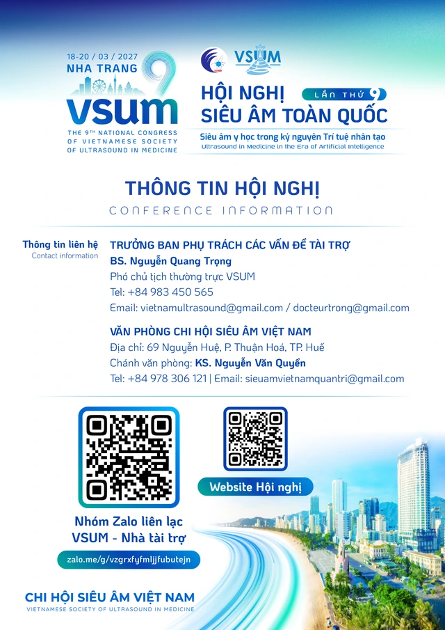 Brochure tài trợ VSUM 9: thông tin hội nghị, liên hệ trưởng ban tài trợ và văn phòng Chi hội Siêu âm Việt Nam, mã QR nhóm Zalo nhà tài trợ và mã QR website vsum2027.org